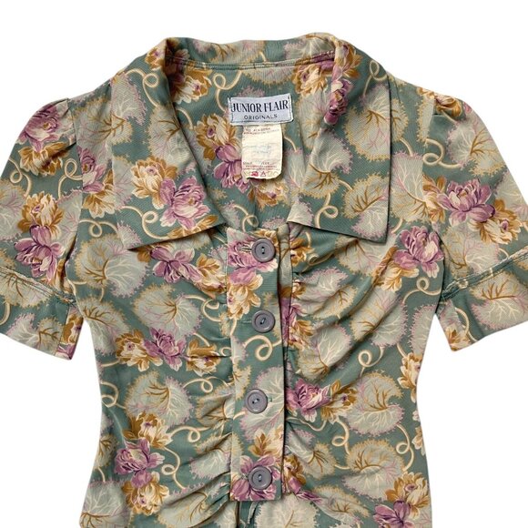 70s vintage pilgrim collar blouse shirt sleeve buttonup ruched floral art print. - Picture 6 of 10